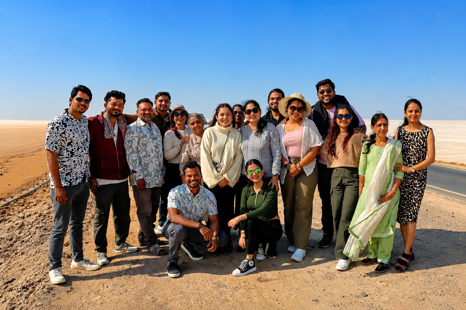 Group of friends enjoying a road trip across the White Rann of Kutch